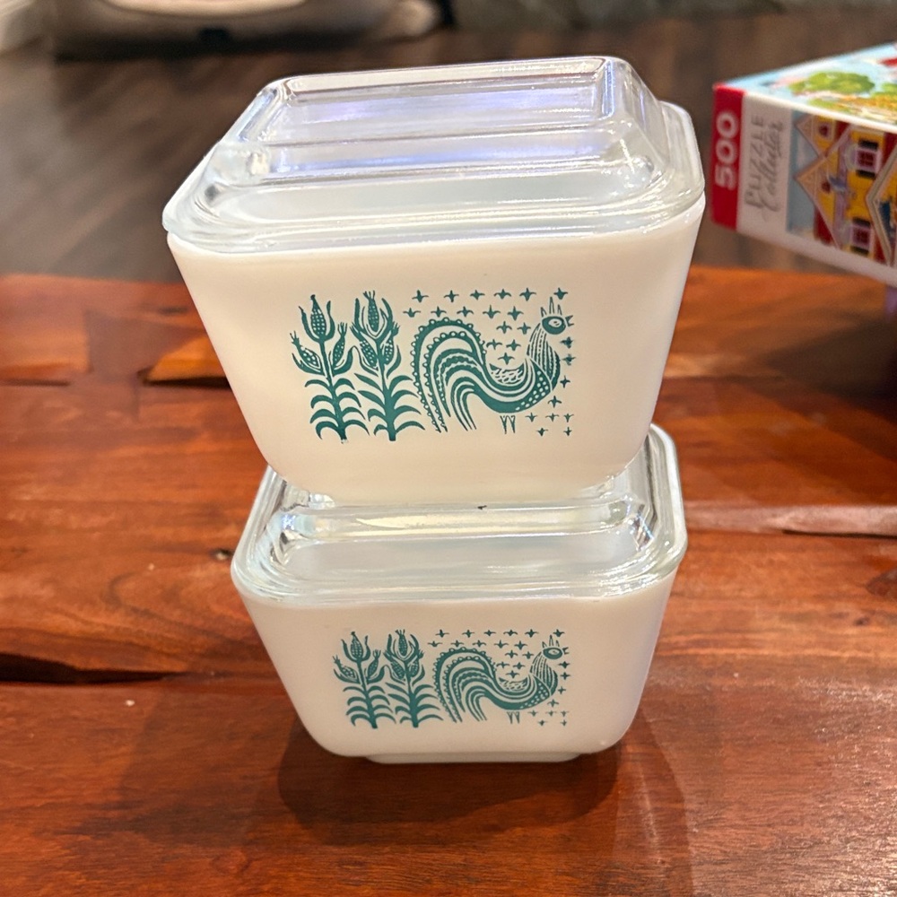 Pyrex Vintage White and Teal Glass Containers with Lids